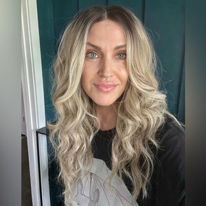 Curtain Bangs Curly/Wavy Lace Front Wig T-Part Cool Blonde Highlights (16)